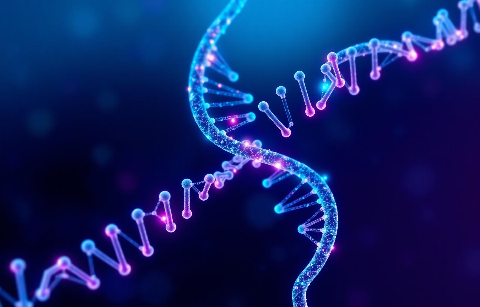 DNA double helix with AI data network — precision oncology